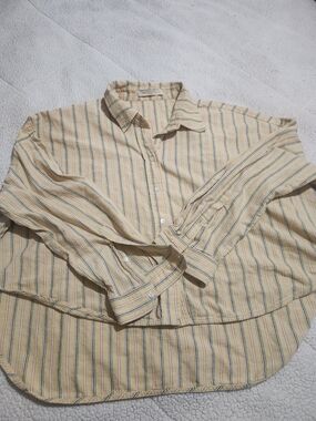 Woman Yellow Stripe Button-Down Shirt
